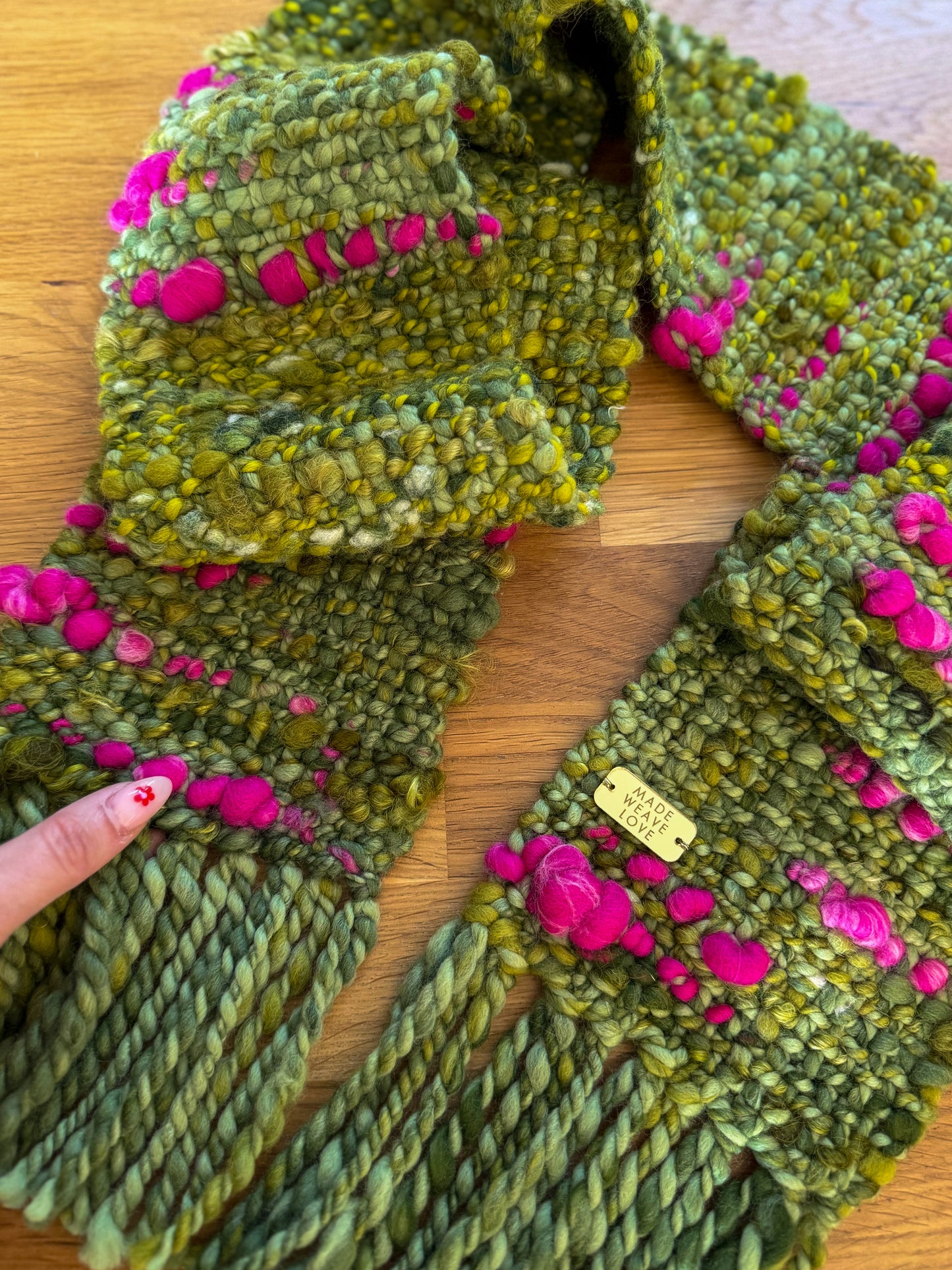 Woven Scarf Chunky Pink & Green