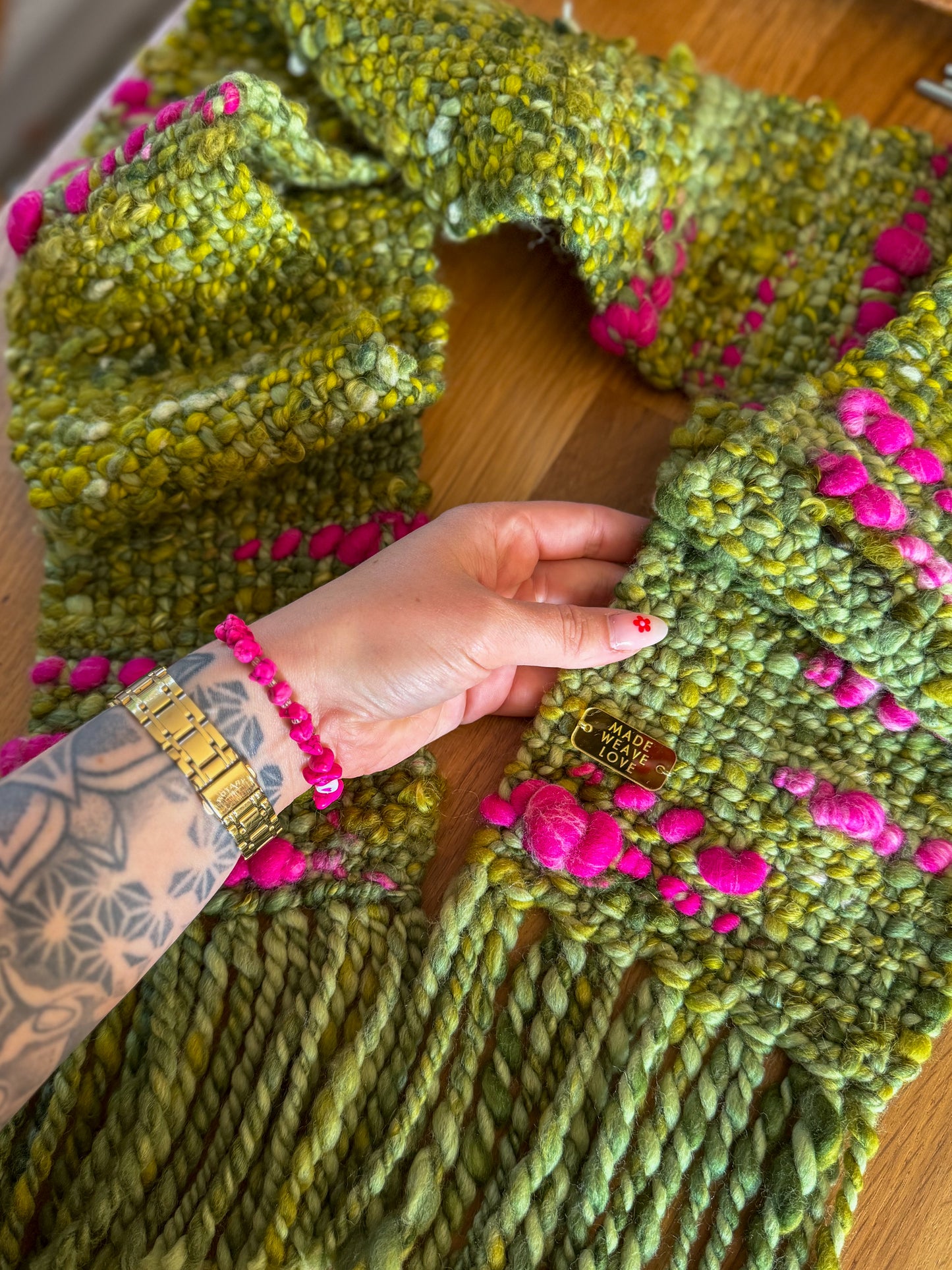 Woven Scarf Chunky Pink & Green