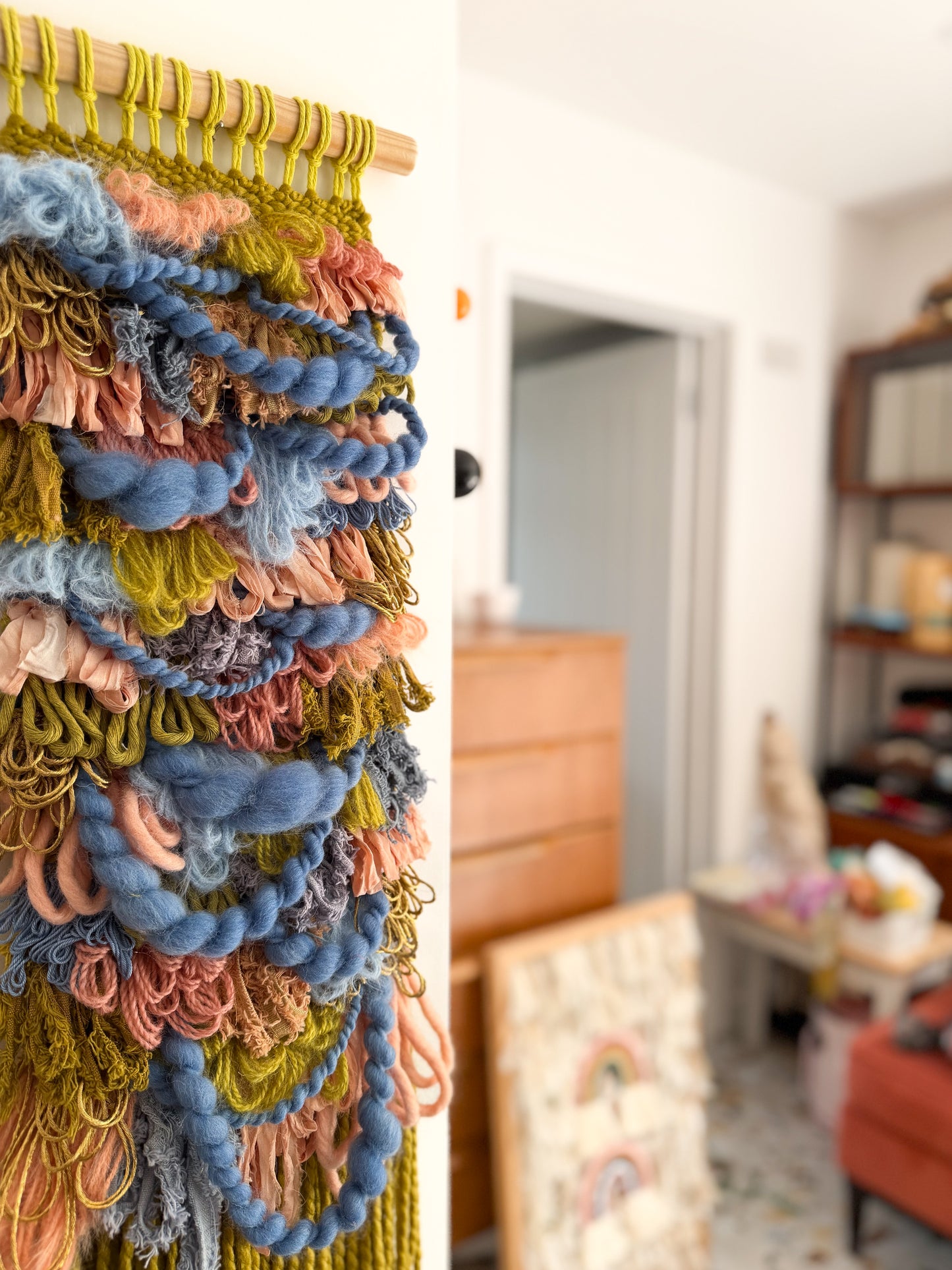 Woven Wall Hanging Olive Coral Loops