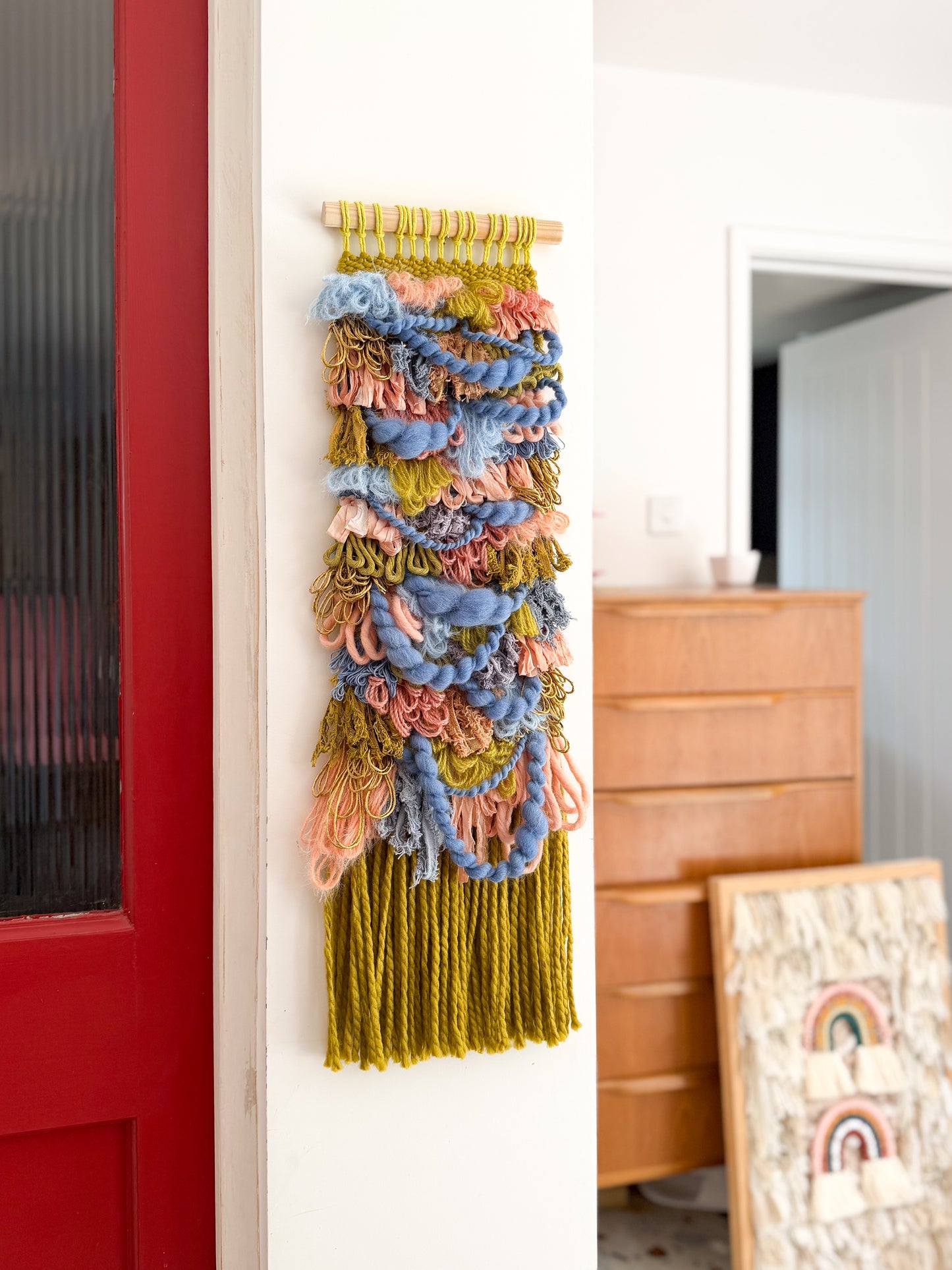 Woven Wall Hanging Olive Coral Loops