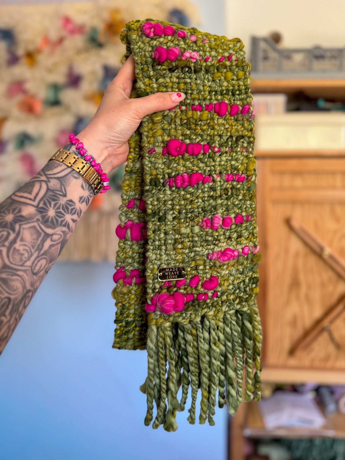 Woven Scarf Chunky Pink & Green