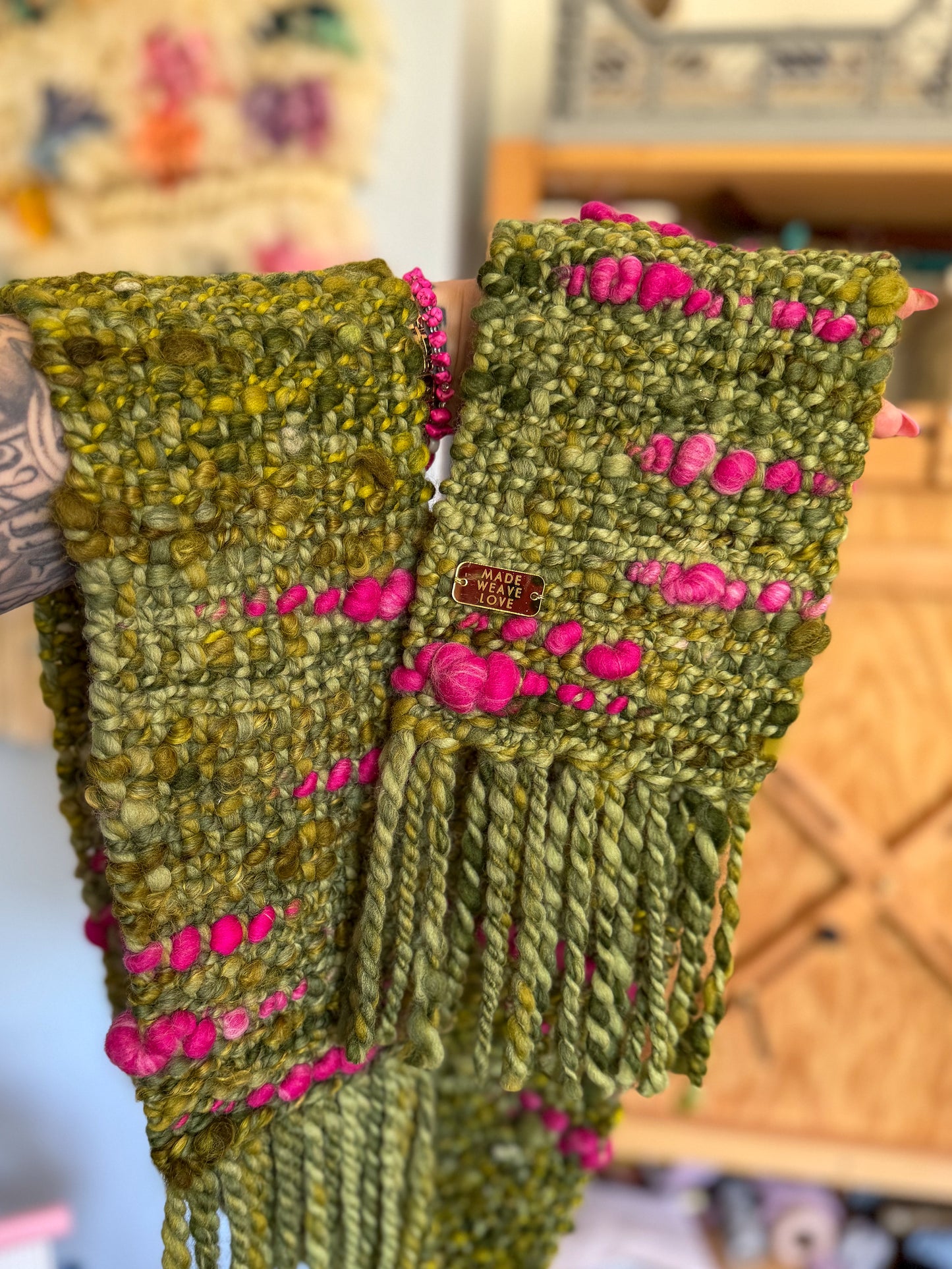 Woven Scarf Chunky Pink & Green
