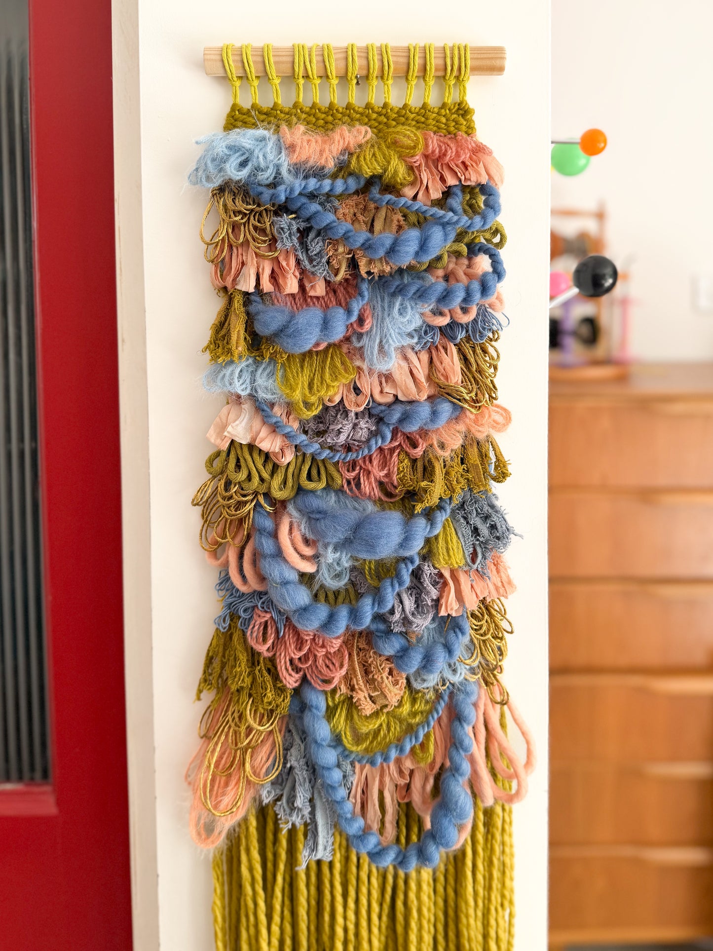 Woven Wall Hanging Olive Coral Loops