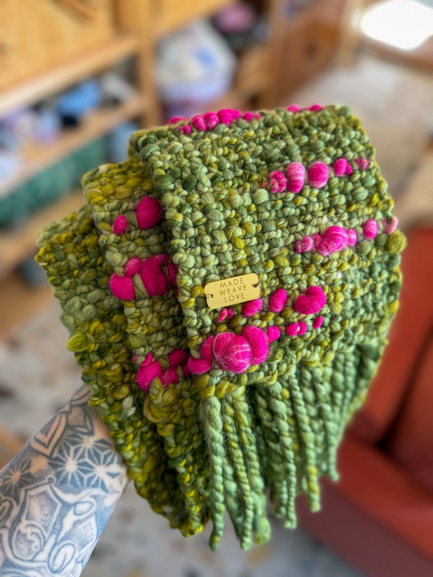 Woven Scarf Chunky Pink & Green