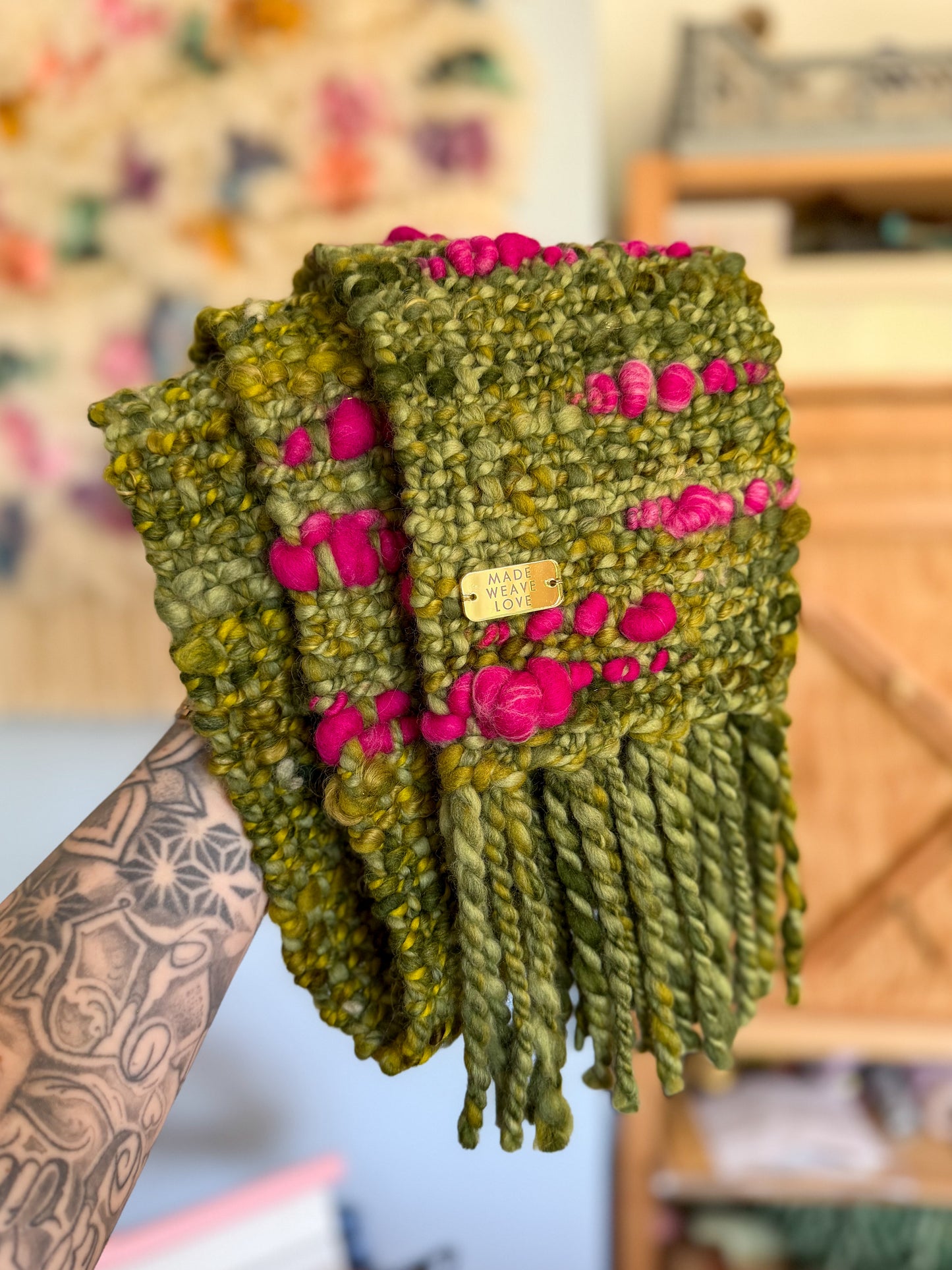 Woven Scarf Chunky Pink & Green