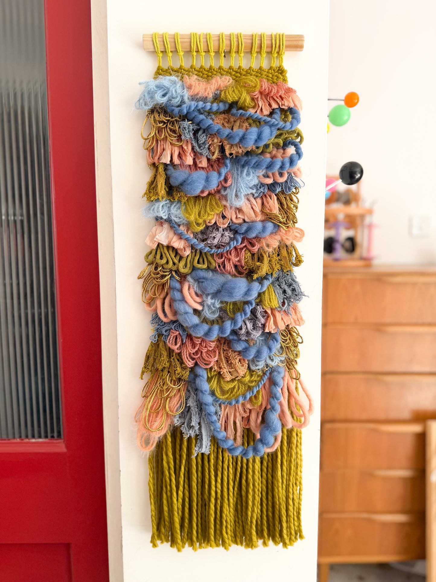 Woven Wall Hanging Olive Coral Loops