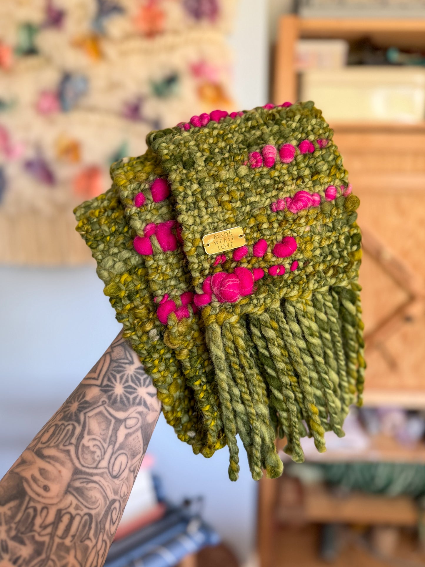 Woven Scarf Chunky Pink & Green